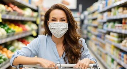 Woman wearing protective face mask while grocery shopping during pandemic. Safety measures in supermarket. Health precautions for coronavirus prevention. Shopping cart in store.