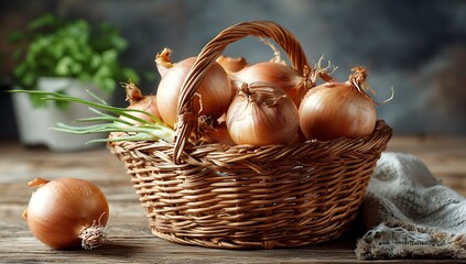 Basket of fresh yellow onions on a rustic wooden surface