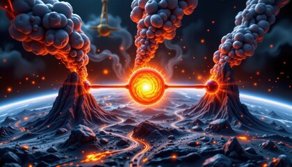 a diagram of chemical reaction, glowing carbon bonding with oxygen, emissions rising, atmosphere warming, futuristic educational tone, ultra detailed