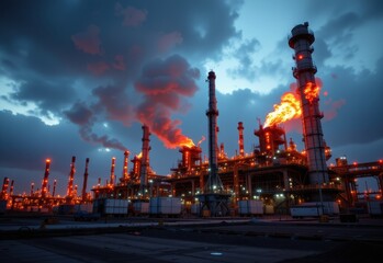 Obraz premium a refinery close up, glowing flares releasing gases, atmosphere thickening, cinematic visuals, ultra sharp clarity