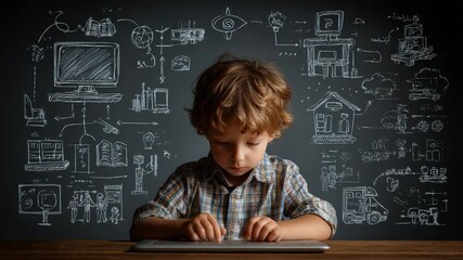 Young boy using tablet during technology class at school - Innovation, students and education concept - Models by AI generative
 - Powered by Adobe