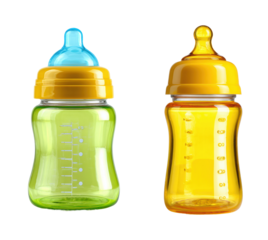 Baby feeding action colorful baby bottles in, isolated on transparent background, png set