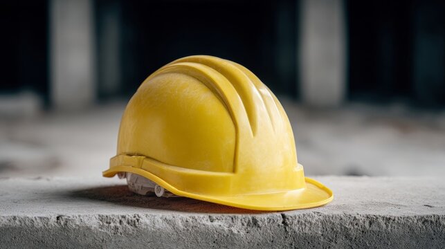 Yellow hard hat resting on dusty ledge, evoking Labor Day resilience and Worker's Memorial Day remembrance, construction symbolism