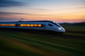 Naklejka premium A high-speed train travels across the countryside at sunset, creating a dynamic image of speed.