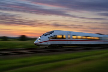 Fototapeta premium A high-speed train races across the countryside at sunset, creating a vibrant motion blur effect.