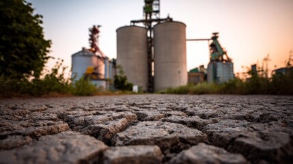 Obraz premium Cracked earth under a dusky industrial skyline whispers tales of resilience, echoing Earth Day and Solstice Renewal
