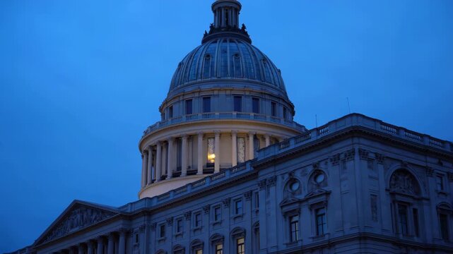 Wisconsin state capitol building at dusk with illuminated dome
