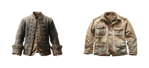 Vintage and modern jackets displayed in, isolated on transparent background, png set