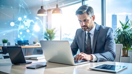 Business Professional Engaged in Global Digital Communications and Data Analysis