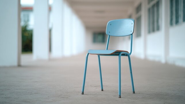 Lonely azure chair whispers tales of abandoned hallways, evoking Solitude Day and Minimalist Decor Appreciation Weekend