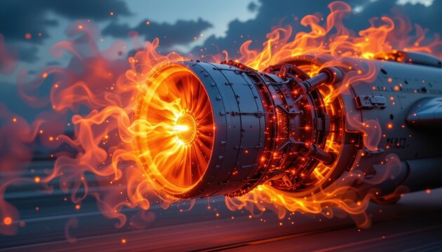 a cyber animation of jet engine, glowing fuel combustion, greenhouse gases released, atmosphere warming, cinematic visuals, ultra hd