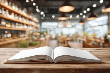 Obraz premium Blank open book on a rustic wooden table with a blurred cozy cafe background.