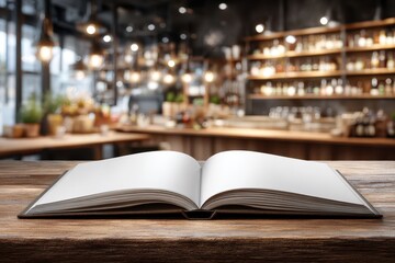 Obraz premium Open blank book on rustic wooden table, blurred cafe background, ample copy space.