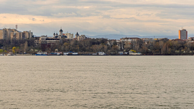 Town Drobeta Turnu Severin in Romania View Over Danube River Spring Afternoon
