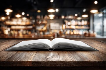 An open blank book on a rustic wooden table with a blurred cafe background.
