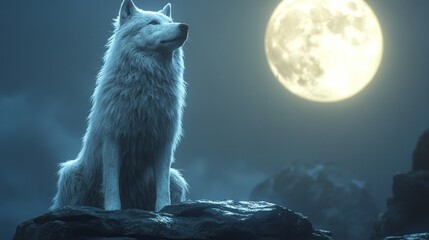 Obraz premium White wolf on moonlit mountaintop