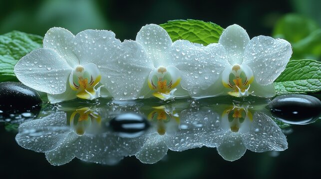 White orchids with water droplets, reflected on a surface, with mint leaves and stones