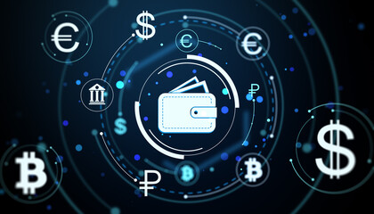 Digital wallet icon surrounded by global currency and crypto symbols on abstract futuristic technology background. 3D Rendering