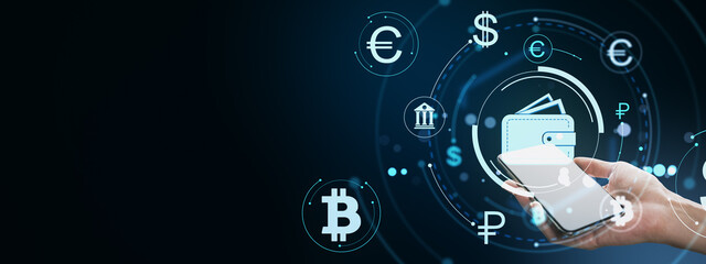 Digital wallet icon and cryptocurrency symbols over smartphone in hand with network connections on futuristic neon abstract background.