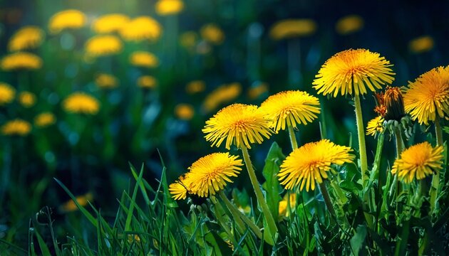 Floral summer spring background. Yellow dandelion flowers close-up in a field on nature on a.jpg