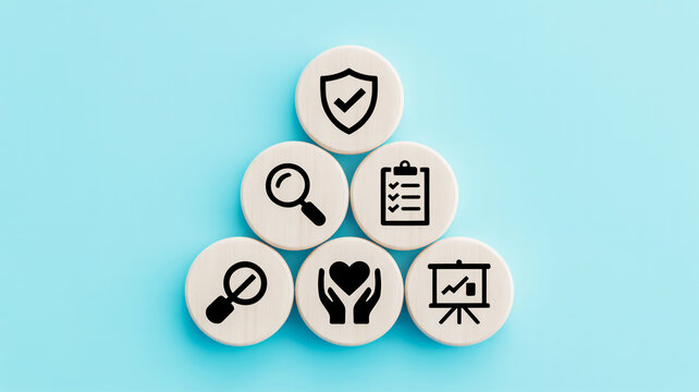 Assurance icons for quality, protection, care, and success in business operations and strategy