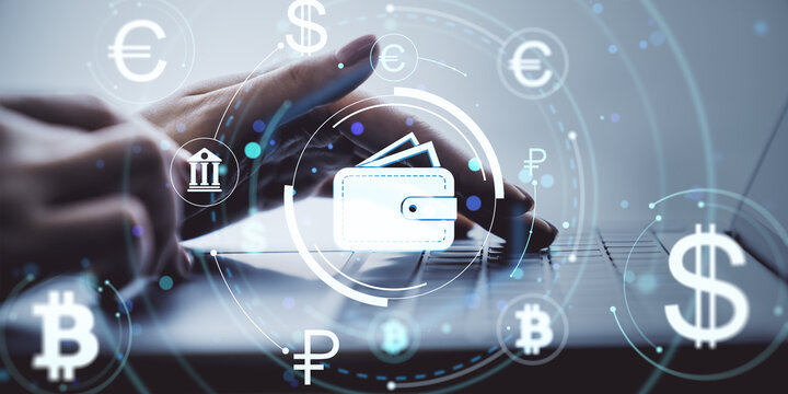 Digital wallet icon over hands typing on keyboard with currency symbols and holographic fintech graphics on light office background. - Powered by Adobe