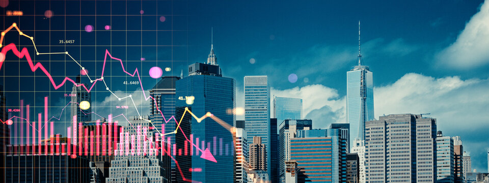 Real estate market crash concept with red downward graph over modern city skyline and digital financial chart overlay background. - Powered by Adobe