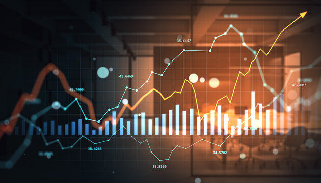 Financial market data with bar and line chart overlays on office background symbolizing growth, analysis, and investment trends in business economy. - Powered by Adobe