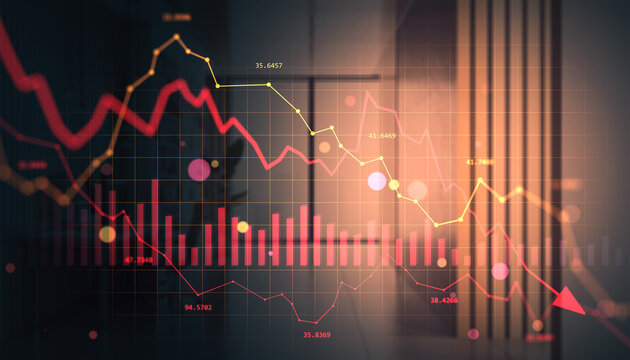 Financial market crash with red downward arrow and graphs indicating global economic recession and business investment losses on digital screen.