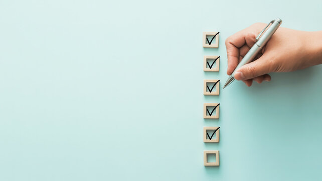 Completing checklist with pen for project management success and task management effectiveness with clarity