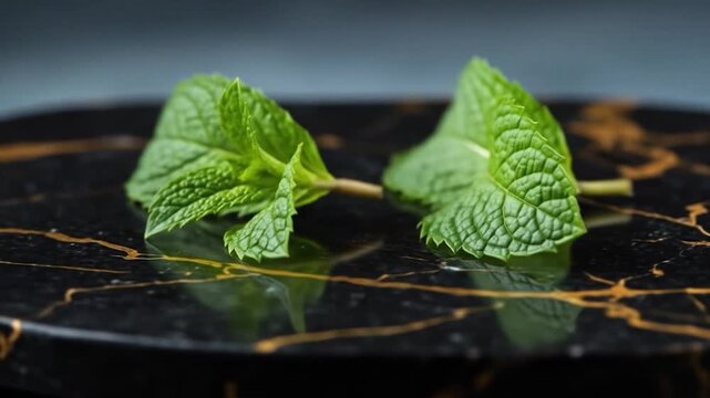Fresh green mint leaves on dark surface for culinary or health uses