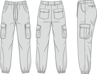 Modern cargo jogger pants technical flat sketch, stylish unisex fashion design, versatile streetwear apparel, detailed technical illustration, garment blueprint.
