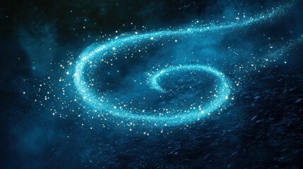 Glowing blue spiral with sparkles on dark background.