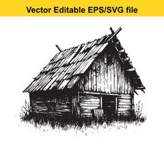 Rustic wooden cabin in disrepair, isolated on a white background
