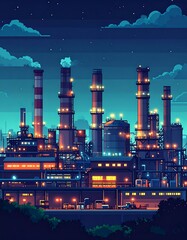 Nighttime factory scene, pixel art