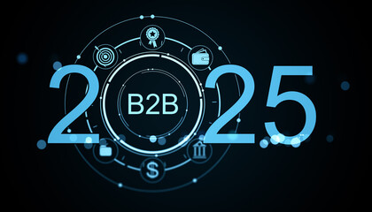 2025 B2B digital marketing concept with neon blue interface icons on virtual network background for ecommerce, business, and technology design. 3D Rendering