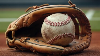 Baseball glove and ball on field