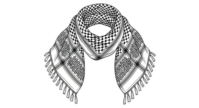 Vector illustration of traditional keffiyeh scarf with checkered pattern and tassels