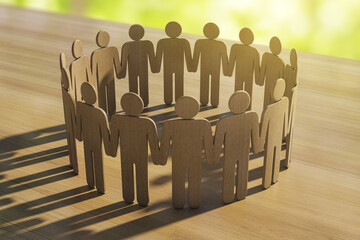 Wooden human figures holding hands in a circle symbolizing unity, community, and mutual support on a wooden surface with light background. 3D Rendering