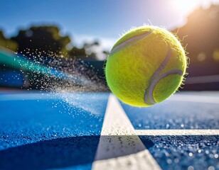 Zbliżenie na piłkę tenisową wirującą w powietrzu tuż nad linią kortu, zamrożony ruch, widoczne drobinki kurzu i światło słońca przebijające się przez perspektywę