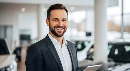 Fototapeta premium Confident car salesman smiles warmly, holding a tablet in a modern showroom, ready to assist customers with their vehicle purchases today.