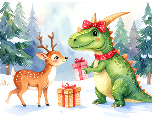Fototapeta premium Festive iguanodon delights in gift exchange with a cheerful deer in a winter wonderland