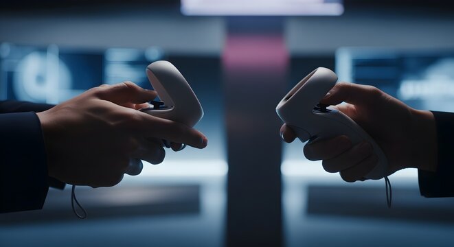 Two Hands Holding Video Game Controllers in Dark Tech Environment