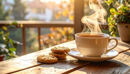 Hot cup of tea with steam and cookies served on wooden table at cozy home terrace, natural light warm atmosphere for Happy Grandfather Day family gathering concept stock photo