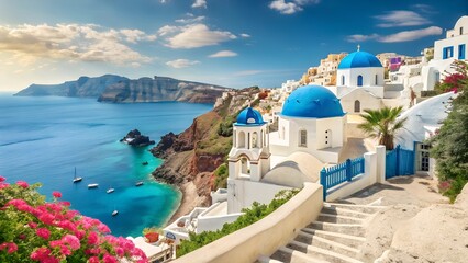 Fototapeta premium Greece vacation holiday, sunny seaside town background wallpaper backdrop. Travel destination, resort, beautiful nature view, panorama.