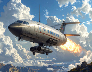 Obraz premium Futuristic drone equipped with rocket soaring above rugged mountain landscape