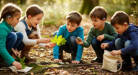 A diverse group of curious young friends explore the forest floor together, fostering a love for nature and learning through discovery