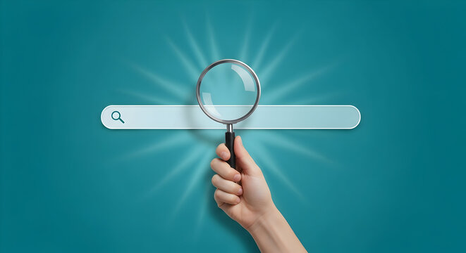 Magnifying glass over search bar, hand holding, teal background, online search, find solution, discover answers, explore information, web research, internet exploration