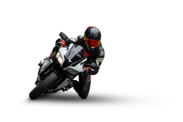 Motorcycle Rider in Black and Red Gear Cornering on Sportbike