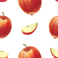 Red ripe apples and slices on white background. Color pencil seamless pattern. For cooking books, magazines, gardens architectural sketches, restaurant menu, advertising design, banners, cards